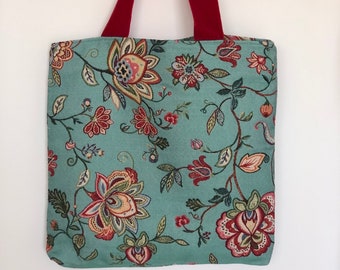 Turquoise tapesty luxury  tote bag with flowers pattern , unique bag