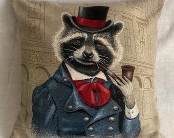 Tapestry cushion cover with a fancy Racoon holding a pipe.