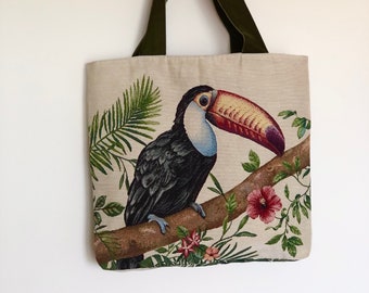 Luxury tote bag with the toucan pattern, Tapestry bag