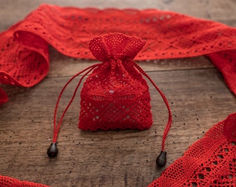 SmallValentine’s bag, Red Christmas gift bag, lace gift bag, Red favor bag