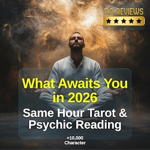 May include: Image promoting tarot and psychic readings. A person in white clothing meditates with eyes closed. Text reads "What Awaits You in 2026" and "Same Hour Tarot & Psychic Reading." A gold banner displays "5.0 Reviews."