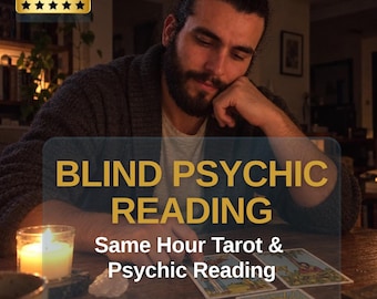 May include: A service listing for a Blind Psychic Reading featuring tarot cards on a wooden table with a lit candle. Text reads: BLIND PSYCHIC READING, Same Hour Tarot & Psychic Reading, and +10,000 Character. A 5.0 reviews badge is visible.