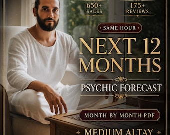 May include: A bearded person in a white long-sleeved shirt sits before a table with text reading 650+ SALES, 175+ REVIEWS, SAME HOUR NEXT 12 MONTHS PSYCHIC FORECAST, MONTH BY MONTH PDF, and MEDIUM ALTAY. The image features gold lettering on a dark background.