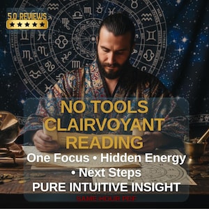 Op de afbeelding: Een persoon met een baard in een gewaad met patroon houdt een rol vast boven een tafel met een dierenriemkaart. Tekst: NO TOOLS CLAIRVOYANT READING, One Focus, Hidden Energy, Next Steps, PURE INTUITIVE INSIGHT, SAME-HOUR PDF, 5.0 REVIEWS.