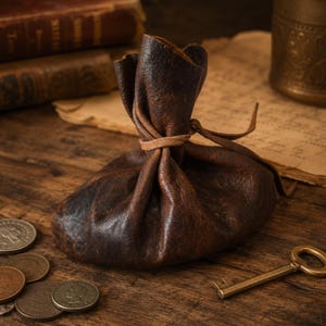 May include: A dark brown leather drawstring pouch with a weathered texture, cinched at the top with a thin leather cord. The pouch is rounded and sits upright, featuring visible creases and natural variations in the leather surface throughout.