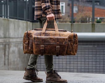 Personalized Full Grain Buffalo Leather Weekender Duffle Bag - Vintage Travel Bag gift for men
