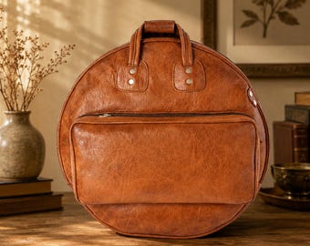 Personalized Goat Leather Cymbal Bag|Leather Drum Bag Round Travel Duffel|Handmade Brown Duffle Bag|Musician Gear Bag|Percussion Case