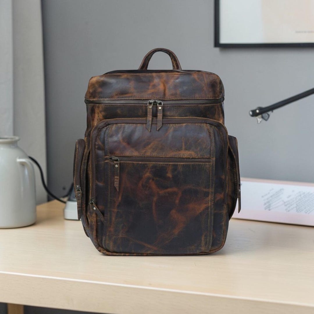 Full Grain Buffalo Leather Laptop Backpack, Rustic Brown Travel ...