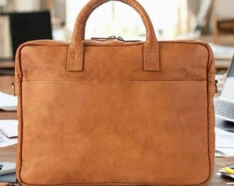 Handmade Full-Grain Leather Laptop Briefcase, Work Office Bag