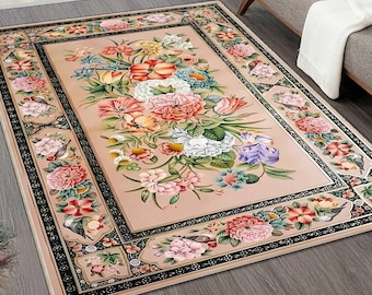 Floraler Bereich Teppich für Wohnzimmer, Vintage Blumen Teppich, Digital bedruckter Teppich, Elegante Wohnkultur, rutschfester waschbarer Teppich