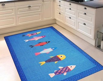 Fisch Küchenteppich, Blaue Nautische Küchenmatte, Waschbarer Teppich zum Thema Ozean, Rutschfester Küchenläufer, Küstenküchendekor, Rutschfester, waschbarer Teppich