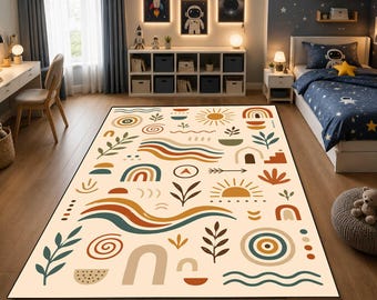 Alfombra bohemia para habitación infantil, alfombra abstracta neutra para guardería, alfombra arcoíris con sol para sala de juegos, decoración escandinava para el suelo del dormitorio infantil.