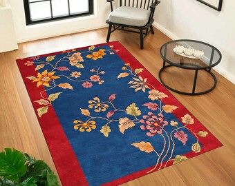 Alfombra con estampado floral azul y rojo, alfombra botánica, alfombra de estilo oriental tradicional, alfombra decorativa para sala de estar, alfombra con estampado digital.