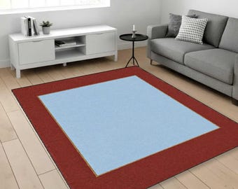 Alfombra minimalista bicolor, alfombra moderna con borde, alfombra con centro azul y marco rojo, alfombra sencilla y contemporánea, alfombra decorativa para sala de estar.