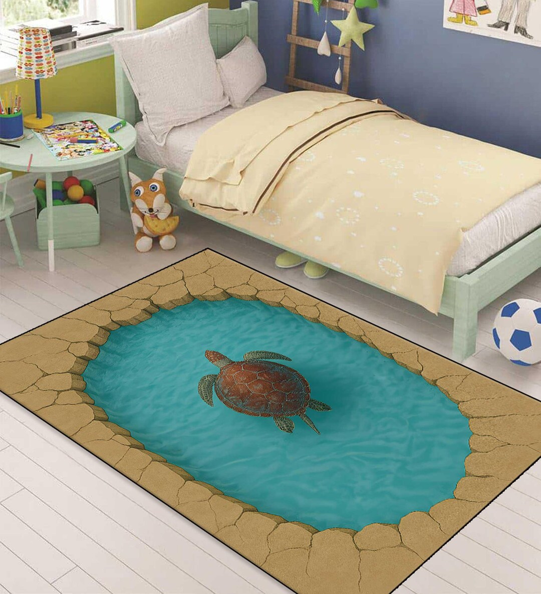 Sea Rug Animal Sea Turtle Kids Rug, Ocean Play Mat, Underwater Rug, Coastal Themed ...