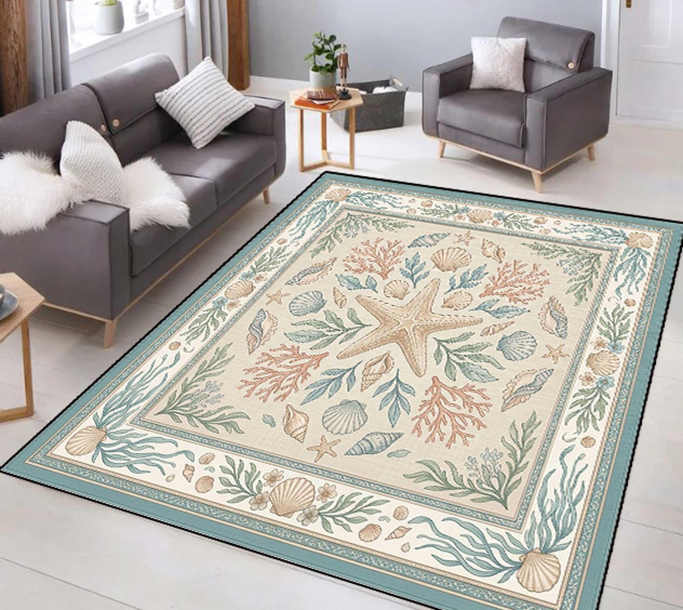 Coastal Starfish Rug, Beach Seashell Rug, Ocean Themed Area Rug ...