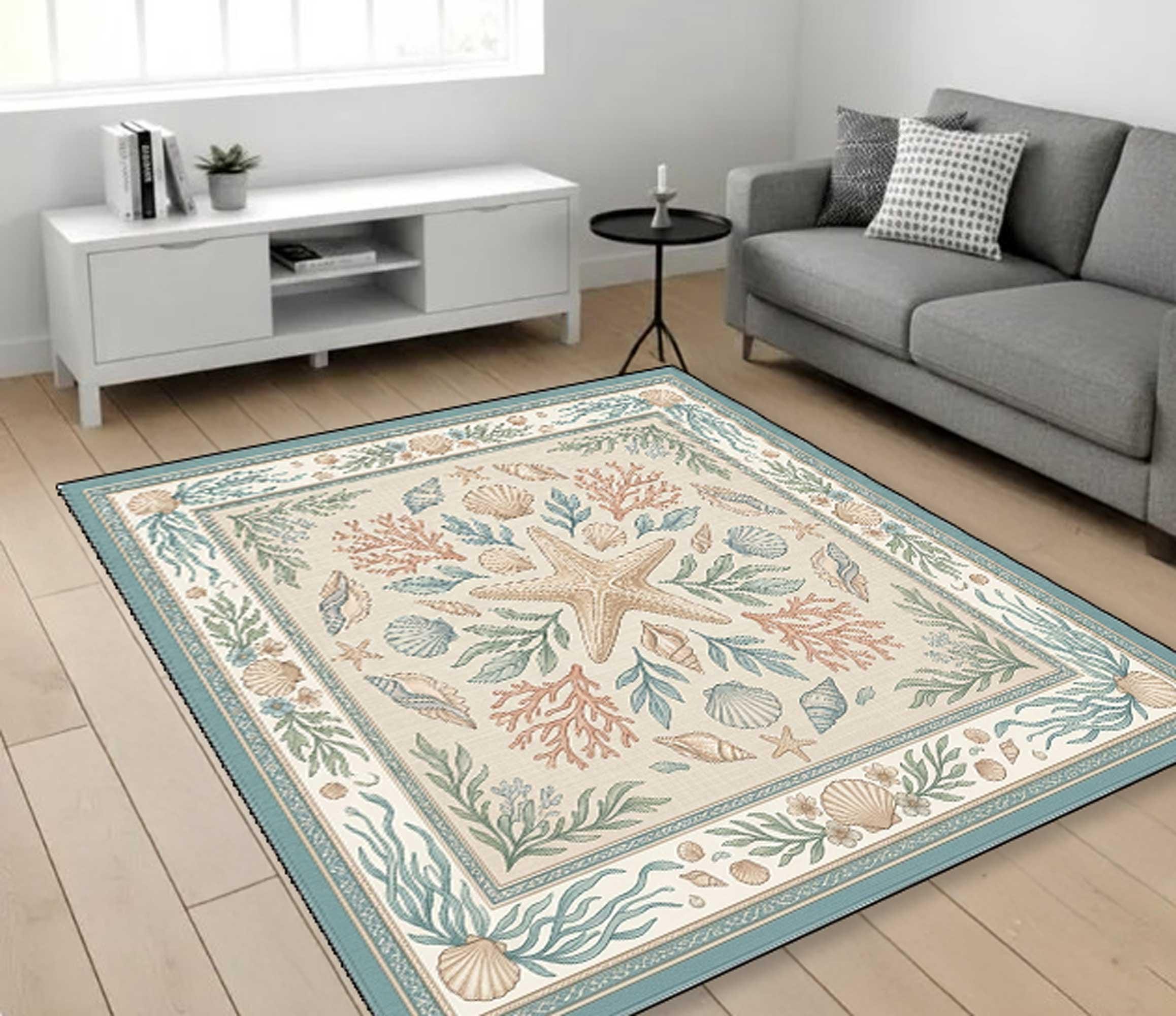 Coastal Starfish Rug, Beach Seashell Rug, Ocean Themed Area Rug ...