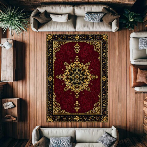 Burgundy Gold Area Rug, Ornate Medallion Carpet, Vintage Floral Rug, Black Red Living Room Rug, Elegant Classic Home Decor