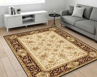 Alfombra clásica beige, alfombra oriental floral, alfombra elegante tradicional, alfombra de sala de estar de estilo antiguo, alfombra con estampado floral, alfombra para sala de estar