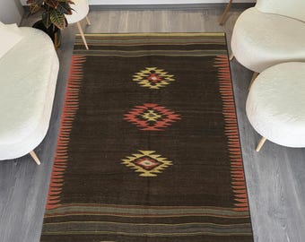 Alfombra Kilim turca vintage, alfombra tribal Cicim, decoración bohemia minimalista marrón oscuro, alfombra nómada anatolia con estampado de aspecto antiguo, alfombra para sala de estar.