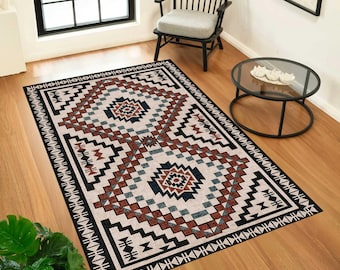 Alfombra estilo bohemio del suroeste, alfombra tribal geométrica, alfombra moderna estilo kilim, alfombra neutra para sala de estar, alfombra con estampado azteca