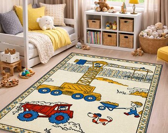 Alfombra infantil de construcción, alfombra para habitación de niño, alfombra de camión grúa, alfombra para sala de juegos infantil, alfombra infantil con temática de construcción, alfombra para niño pequeño, alfombra para niños