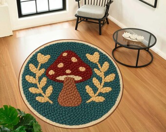 Alfombra redonda con estampado de setas estilo boho, alfombra de setas, alfombra con estética de bosque y naturaleza, linda decoración rústica para el hogar, diseño de setas
