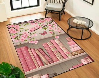 Alfombra rosa con diseño floral de estantería, alfombra de biblioteca con flores de cerezo, alfombra para amantes de los libros románticos, alfombra con diseño de estantería vintage, alfombra rosa
