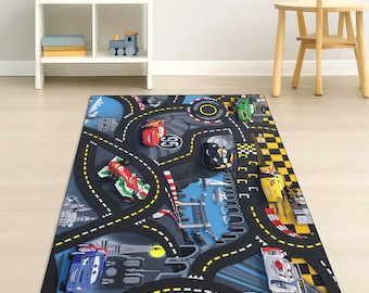 Race Track Kids Rug, Car Road, Lightning McQueen, Play Mat, Boys' Room, Decoration Race Cars Rug, Playroom Carpet, Kids Area Rug,