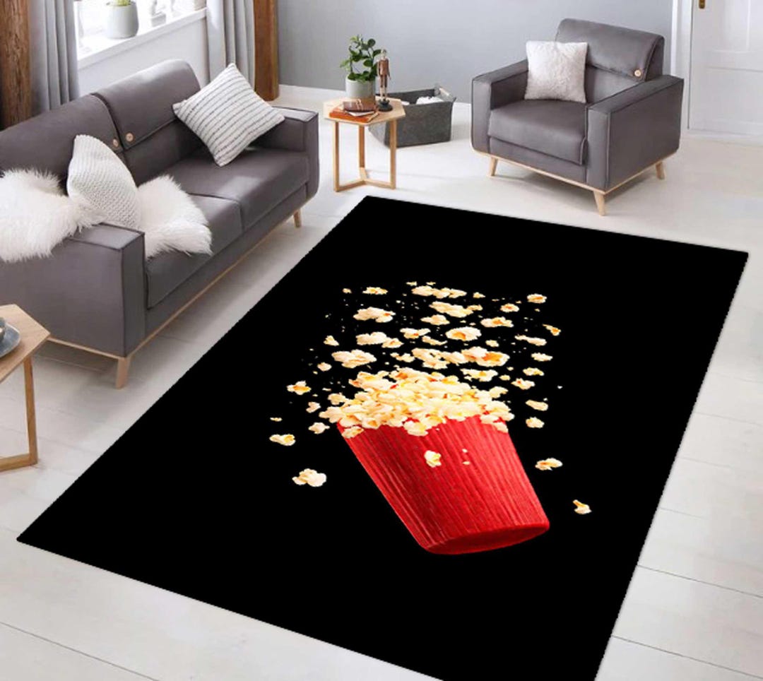 First Popcorn Machine Rug Popcorn Pattern Rug, Movie Night Rug, Cinema Decor, Minimalist Black ...