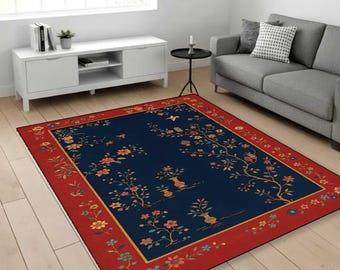 Alfombra azul marino con estampado floral oriental, alfombra con borde rojo, alfombra de estilo chino tradicional, elegante decoración para sala de estar, alfombra digital