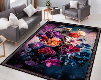 Alfombra con estampado floral oscuro, alfombra con estampado floral triste, alfombra botánica, alfombra de decoración gótica para el hogar, alfombra con estampado floral colorido, alfombra para sala de estar