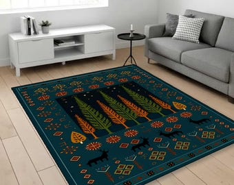 Alfombra de arte popular escandinavo, alfombra de bosque de ciervos escandinavo, diseño rústico bohemio de la naturaleza, alfombra de estilo tribal minimalista, alfombra de estilo escandinavo