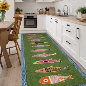 Fish Kitchen Rug,Blue Nautical Kitchen Mat,Ocean Theme Washable Rug,Non Slip Kitchen Runner,Coastal Kitchen Decor Non Slip Washable Carpet