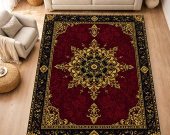 Alfombra color burdeos y dorado, alfombra con medallón ornamentado, alfombra floral vintage, alfombra negra y roja para sala de estar, decoración elegante y clásica para el hogar.