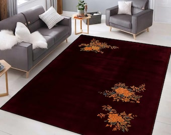 Alfombra floral burdeos, alfombra minimalista botánica para sala de estar, alfombra con estampado botánico, alfombra de lujo para sala de estar, alfombra con estampado digital.