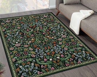 William Morris Style Teppich, Vintage Grüner Blumenpflanzenteppich, Waschbar, Rutschfest, Teppich mit Grünpflanzen- und Blumenmotiven