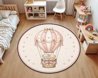 Alfombra para habitación de bebé con estampado de globo aerostático, alfombra para habitación infantil con estampado de osito de peluche, alfombra redonda para habitación de bebé, linda decoración para habitación de niña,