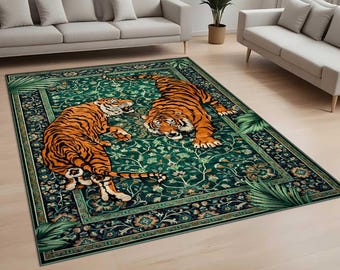 Tiger Teppich für Wohnzimmer, Vintage Tierteppich, Teppich mit botanischem Muster, mutiges Wohndekor, digital gedruckter, waschbarer Teppich