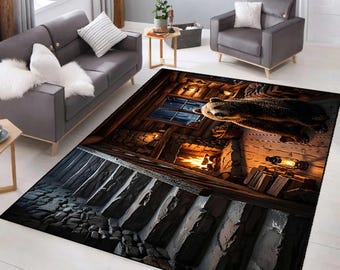 Alfombra acogedora de estilo rústico con estampado de osos, alfombra con estampado de osos, alfombra con animales del bosque, alfombra con paisaje rústico y chimenea, alfombra de osos