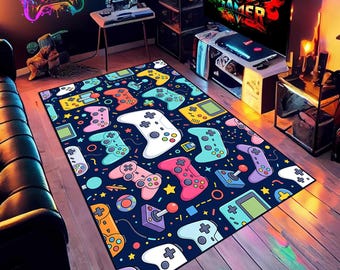 Alfombra para videojuegos, alfombra colorida con forma de mando de videojuegos, decoración para sala de juegos, alfombra arcade para dormitorio de niños, regalo para sala de juegos infantil