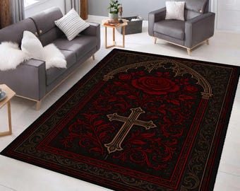 Alfombra cromada, alfombra gótica con estampado de rosas negras y rojas, alfombra con símbolo de cruz, alfombra de estilo victoriano con estampado floral oscuro, alfombra gótica para decoración del hogar.