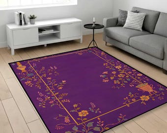 Alfombra con borde estampado floral morado, elegante alfombra botánica, alfombra clásica de estilo oriental, alfombra de lujo para la decoración de la sala de estar.
