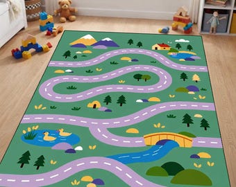 Alfombra de juego con mapa de carreteras de la ciudad de dibujos animados, alfombra de pista de coches de juguete para niños, alfombra de juegos educativa.