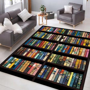 May include: A rectangular area rug featuring a bookshelf design. The rug displays rows of colorful books with various spine designs, creating a vibrant and decorative floor covering. The rug is a dark color, with a black background and brown shelves.