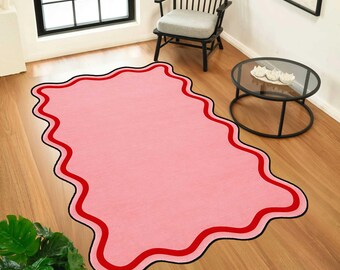 Alfombra rosa ondulada, alfombra moderna de forma irregular, alfombra de estética minimalista, decoración contemporánea para sala de estar, alfombra con forma, alfombra ondulada,