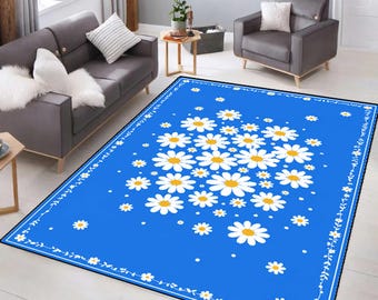 Alfombra floral de margaritas azules, alfombra floral minimalista, alfombra de decoración estilo cottagecore.