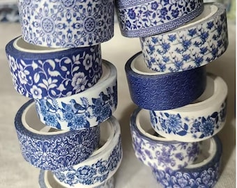 Zestaw 12 rolek taśmy washi w kolorze niebiesko-białym Chinoiserie | Dzienniki, scrapbooking, planery