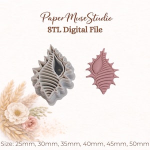 May include: An image of two seashell designs. One is a light gray seashell-shaped cutter, and the other is a pink seashell. The text "Paper Muse Studio STL Digital File" is at the top. The sizes are listed as 25mm, 30mm, 35mm, 40mm, 45mm, and 50mm.