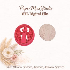 May include: A pink circular cookie cutter and a beige circular embossed clay disc featuring a cat silhouette, a crescent moon, and floral stems. Text reads Paper Muse Studio, STL Digital File, and sizes 30mm, 35mm, 40mm, 45mm, 50mm.